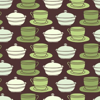 Seamless background tile with vintage style teacups, saucers and sugar bowl clipart