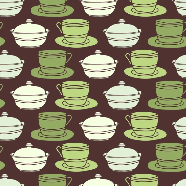 Бесшовная плитка для заднего плана с чашками винтажного стиля, блюдцами и сахарной миской — стоковый вектор