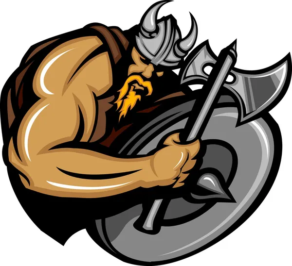 Viking Norseman Mascota de dibujos animados con Ax y Escudo — Vector de stock