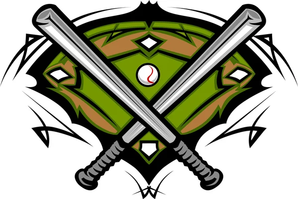 Campo de beisebol com softball cruzado morcegos vetor imagem modelo — Vetor de Stock