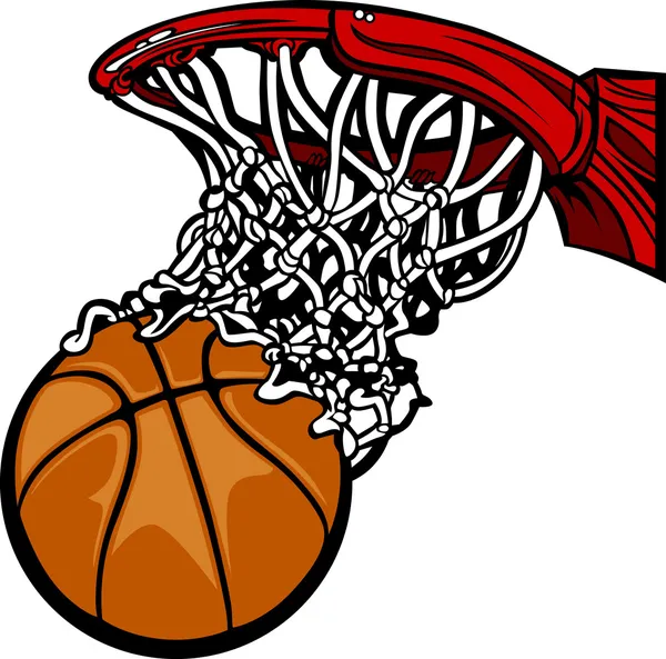 Aro de baloncesto con dibujos animados de baloncesto — Vector de stock