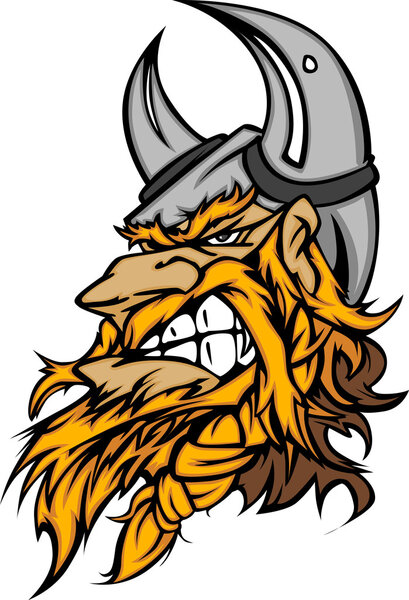 Cartoon Viking Mascot Head Vector Image with Horned Helmet