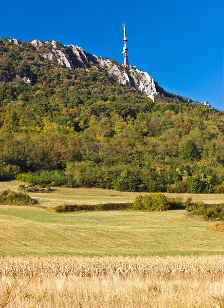 Torre de televisión sobre hermosos acantilados, bosques y campos —  Fotos de Stock