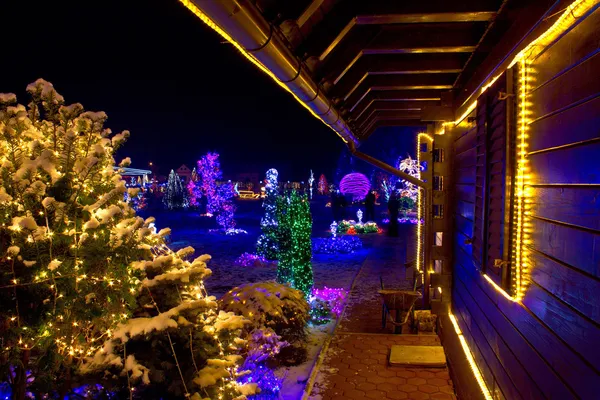 Fantasía de Navidad - árboles y casa de madera en luces —  Fotos de Stock