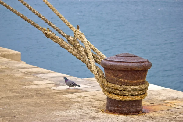 生锈的系船柱与船上的绳索 — 图库照片