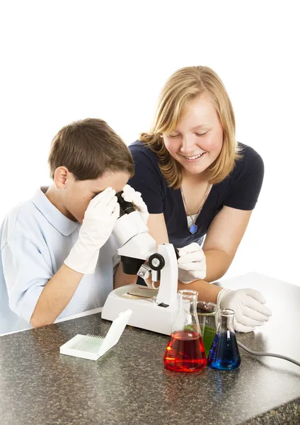 Дети науки, работающие вместе — стоковое фото