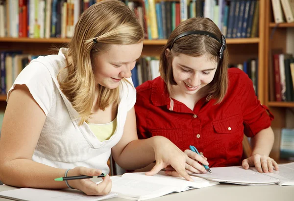 Подростки делают домашнюю работу в библиотеке — стоковое фото
