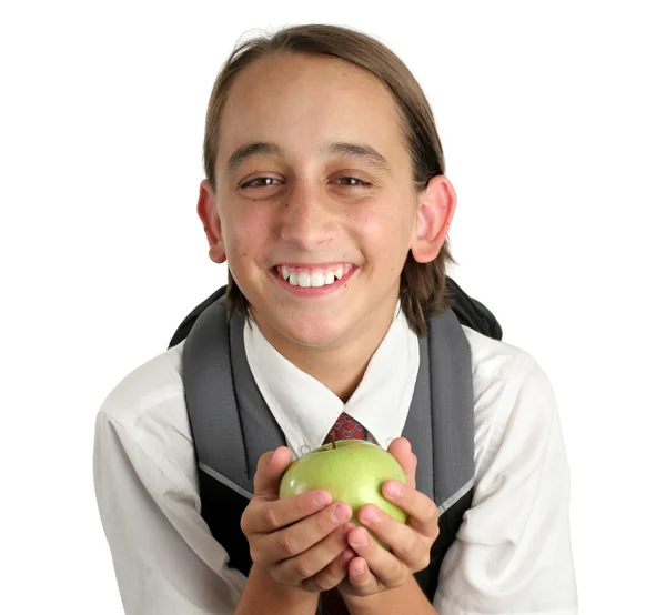 Adorable écolier avec pomme — Photo