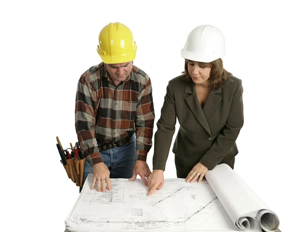 Engineer & Congractor Review Blueprints — Stock Photo, Image