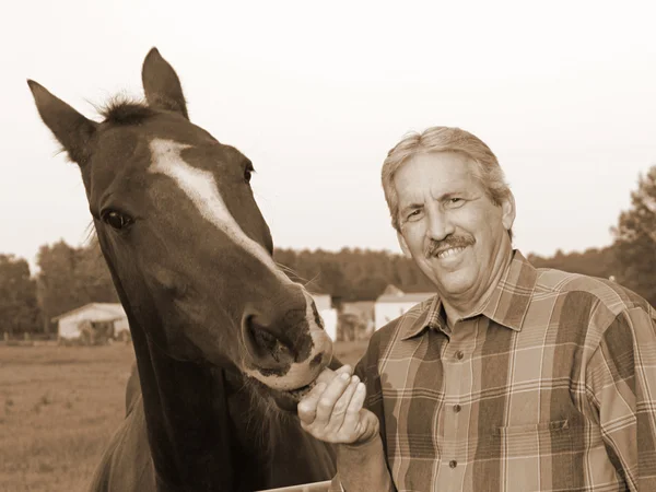 Landbouwer-feeds paard — Stockfoto