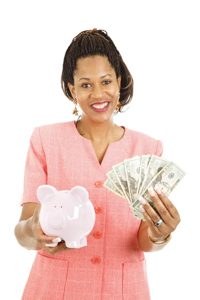 Krásná žena šetří peníze — Stock fotografie