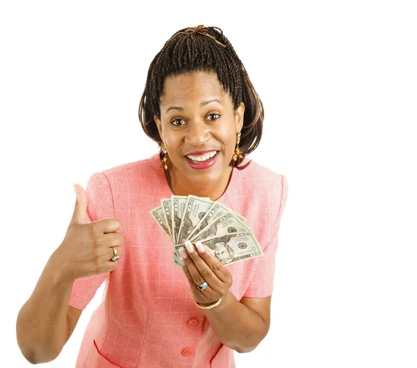 Kvinna innehar kontanter - thumbsup — Stockfoto