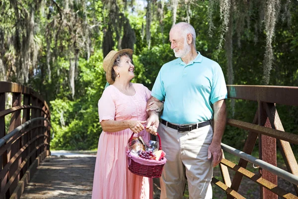 Picknick senioren op brug — Stockfoto