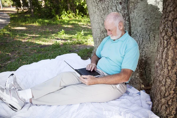 Seniorin mit Computer im Park — Stockfoto