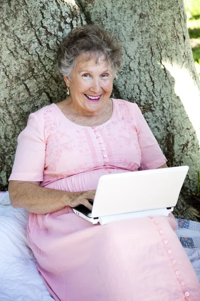 Senior vrouw met netbook — Stockfoto