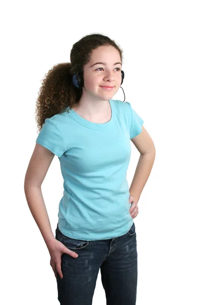 Teen mavi gömlek kulaklıklar — Stok fotoğraf