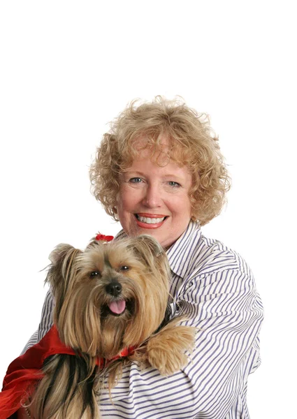 Pequeño perro montando rojo & Mamá —  Fotos de Stock