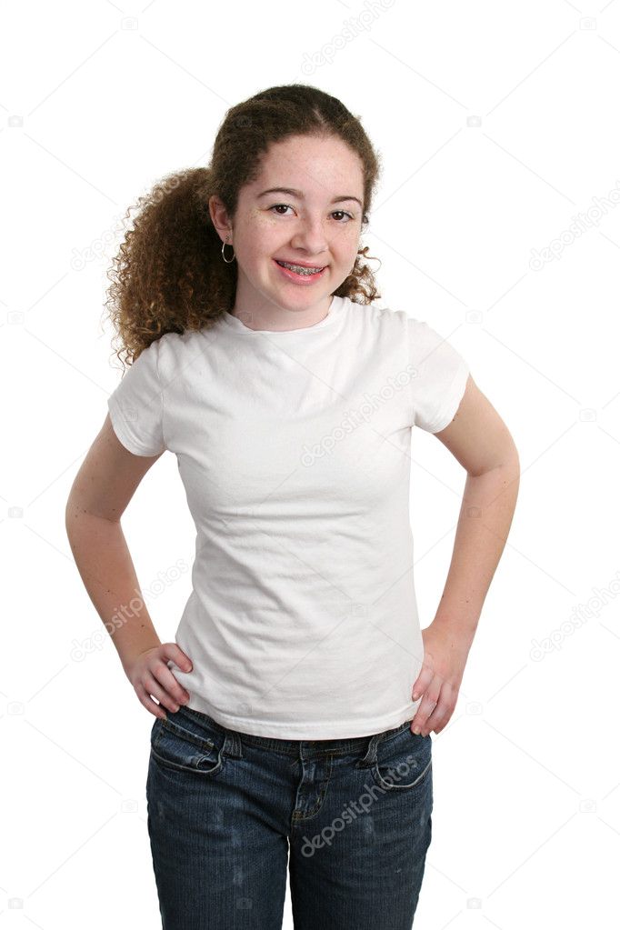 A cute teen girl modeling a white t-shirt, blank and ready for a logo.