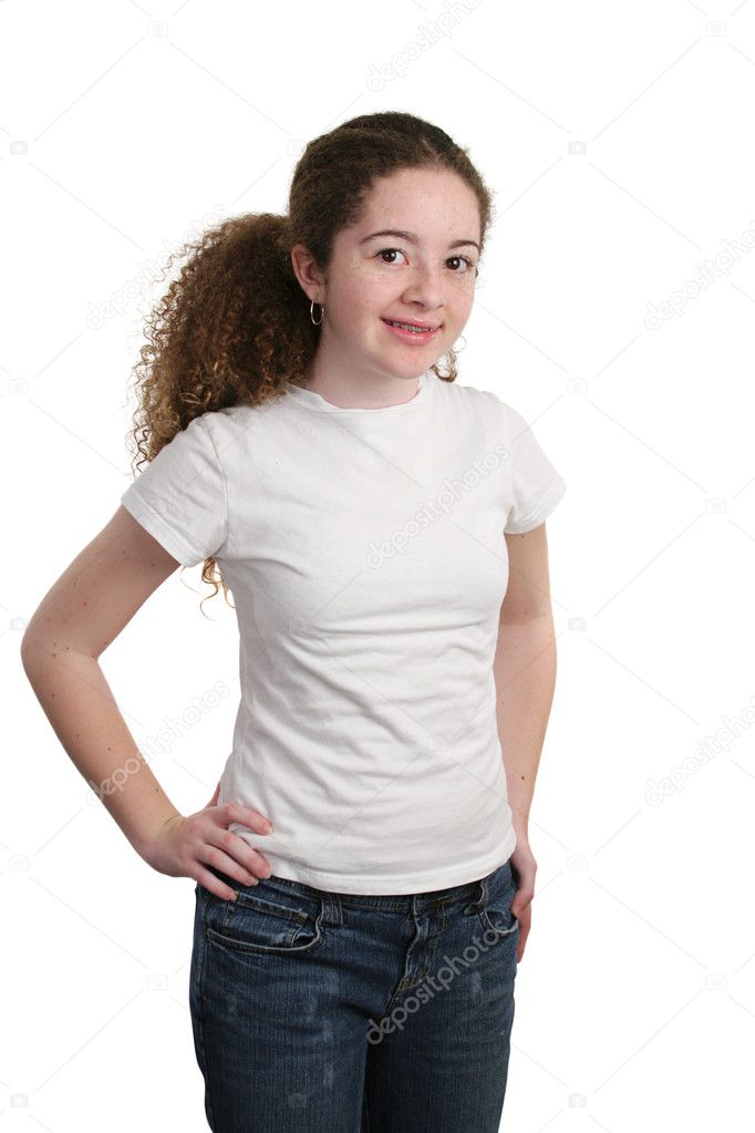 A teen wearing a white t-shirt ready for a logo application. Isolated.