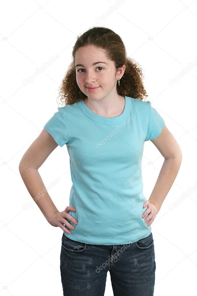 A teen girl modeling a blank, blue t-shirt. Perfect for adding a logo.