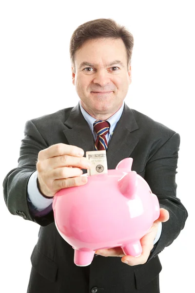 Empresário feliz salva em Piggy Bank — Fotografia de Stock