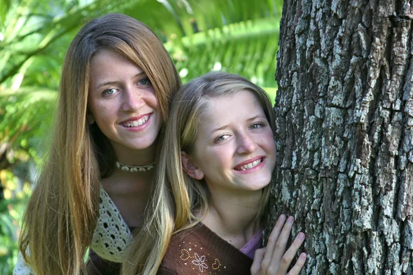Έφηβος αδελφές από δέντρο — Φωτογραφία Αρχείου