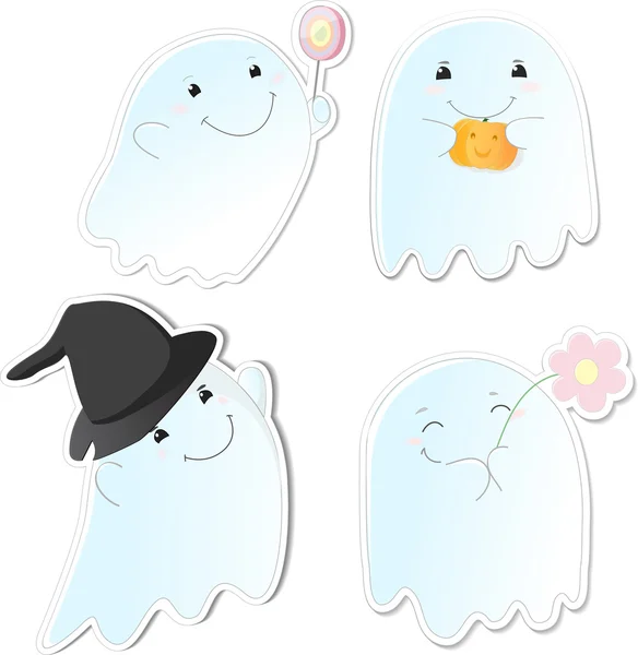 stock vector Vector sticker set of four happy ghosts isolated on white background