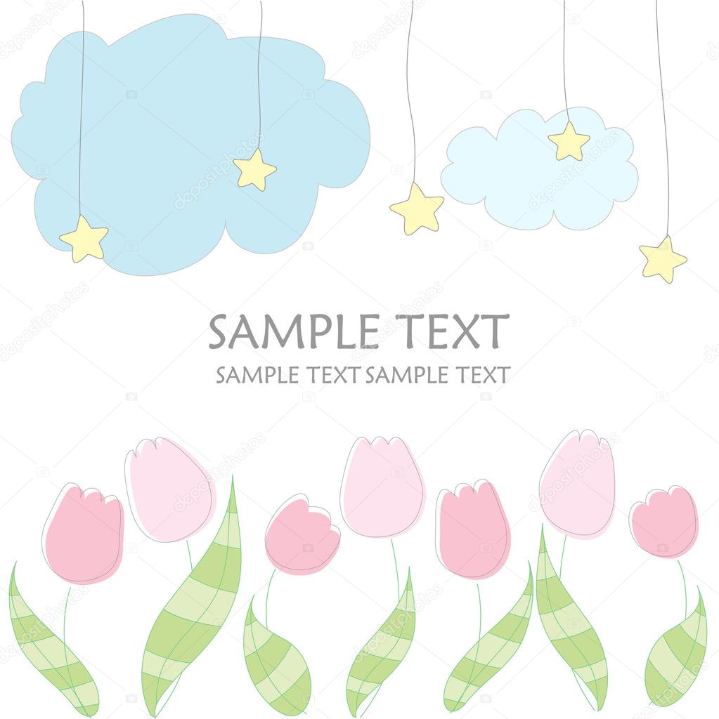 Cute vector baby background with stars, clouds and tulips