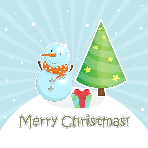 Vector card with cartoon snowman, gift and christmas tree — Stock Vector