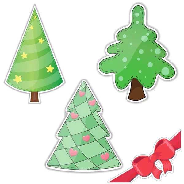 Cute vector set of christmas tree stickers decorated with red bow isolated — Stock Vector