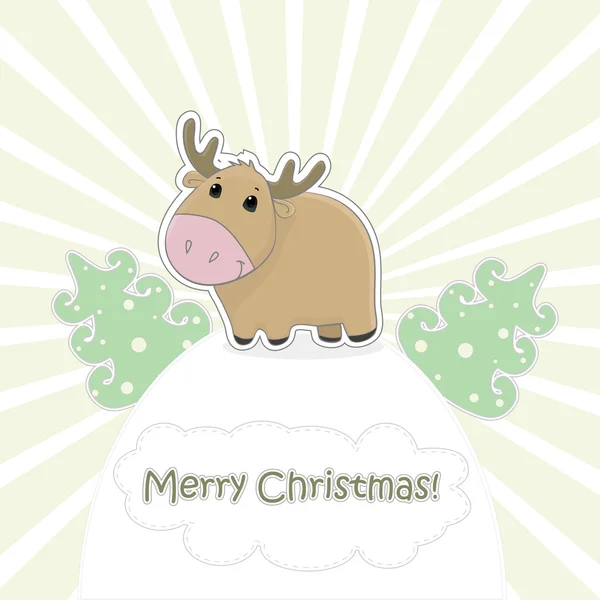 木と鹿のライトのクリスマス カード飾られた放射状のストリップ — ストックベクタ