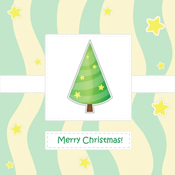 Aranyos vektor kártya, csillagok és szalagok díszített karácsonyfa — Stock Vector