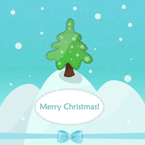 Cartão vetorial bonito com árvore de natal decorado com arco e fita azul — Vetor de Stock