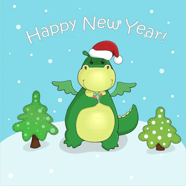Cartão vetorial com dragão bonito dos desenhos animados com árvores de presente e natal — Vetor de Stock