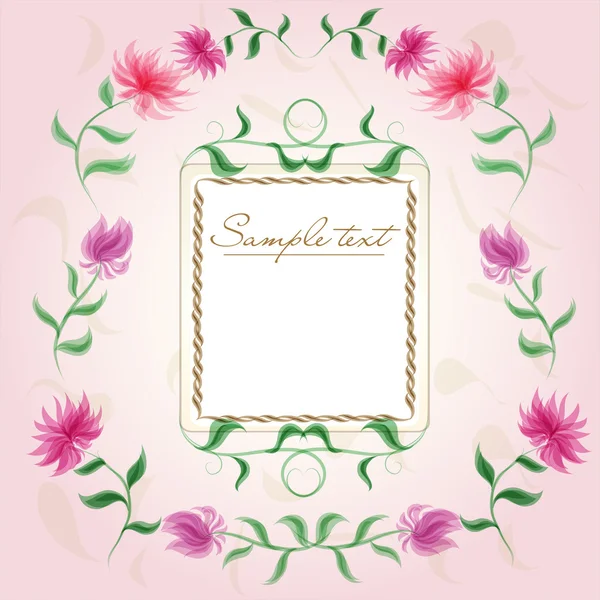 Vintage virágos kerettel, aranyos krizantém és a levelek a rózsaszín háttér — Stock Vector