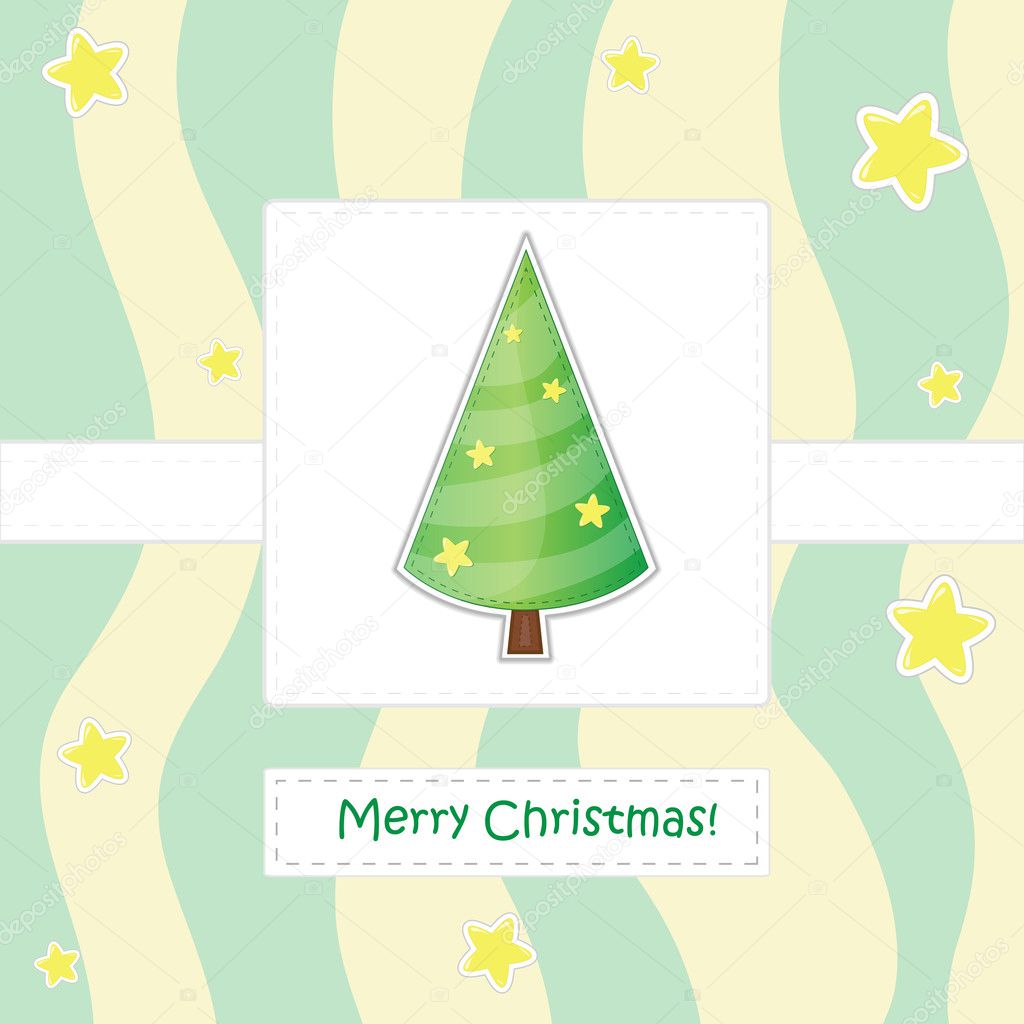 Cute vector card with christmas tree decorated with stars and strips
