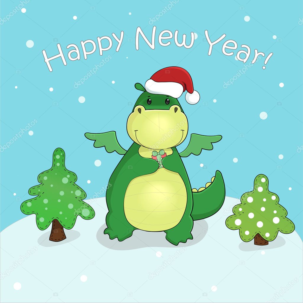 Vector card with cute cartoon dragon with gift and christmas trees ...