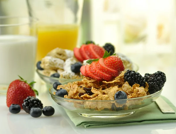 Cereal with fruits ,milk and juice — Stock Photo, Image