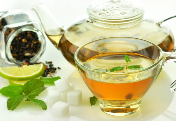 Green tea set with lemon and mint — Stockfoto