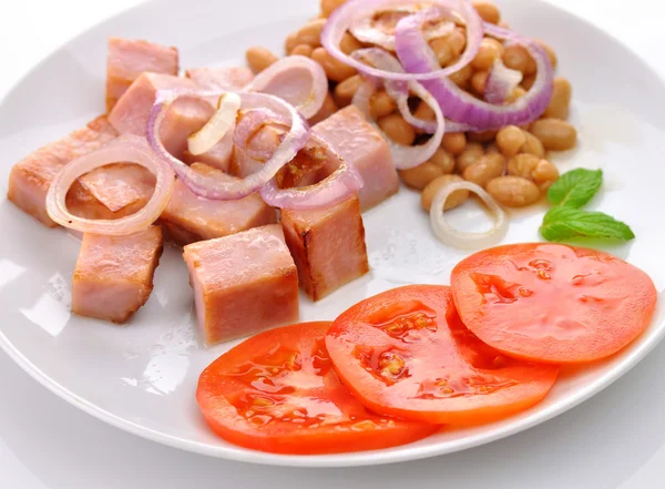 Ham with beans and tomatoes — Stock Photo, Image