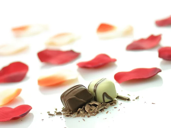 Chocolate candies and rose petals — Stock Photo, Image