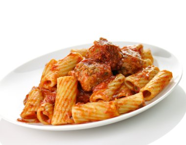 Rigatoni with tomato sauce and meatballs. clipart