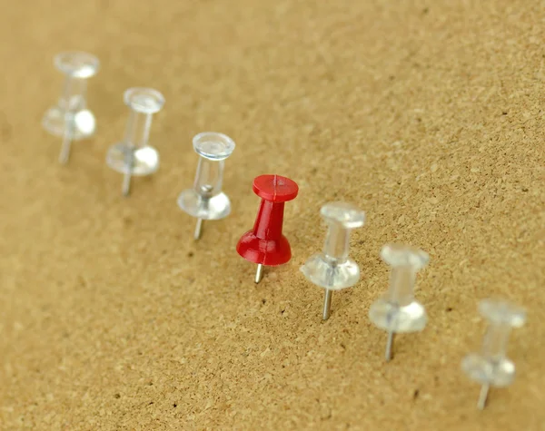 Thumbtack di plastica su tavola di sughero — Foto Stock