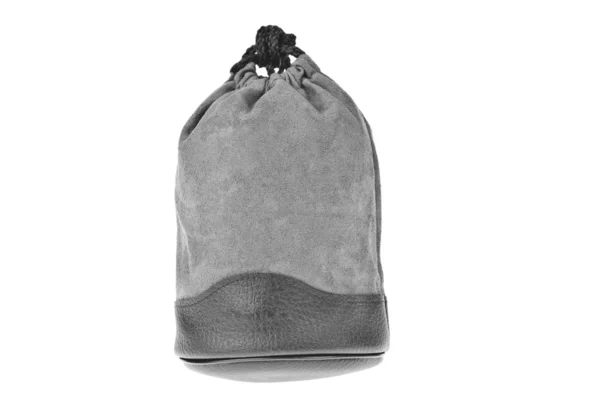 孤立在白色背景上的袋子，灰色天鹅绒邮袋 — 图库照片