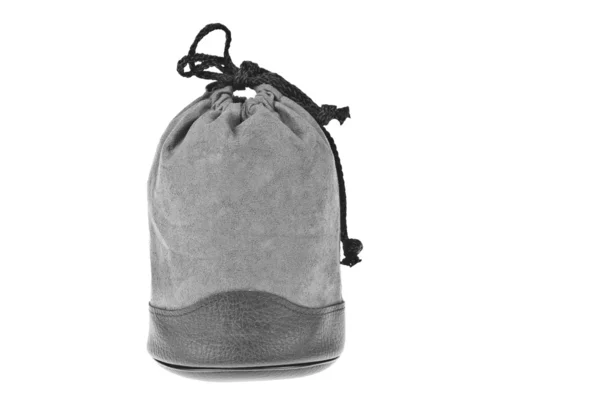 Beyaz arka plan üzerinde izole çanta, gri kadife kese — Stok fotoğraf