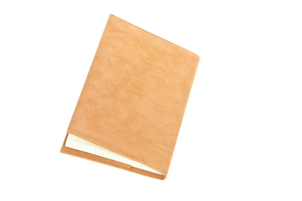 Um livro de veludo marrom com marcador isolado no fundo branco — Fotografia de Stock