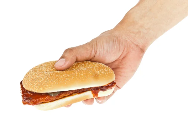 stock image Bread, big sandwich hamburger and hand on white background