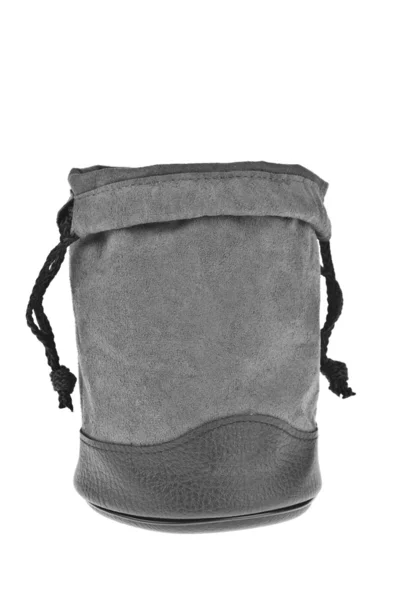 Zak, grijze fluweel tas geïsoleerd op witte achtergrond — Stockfoto