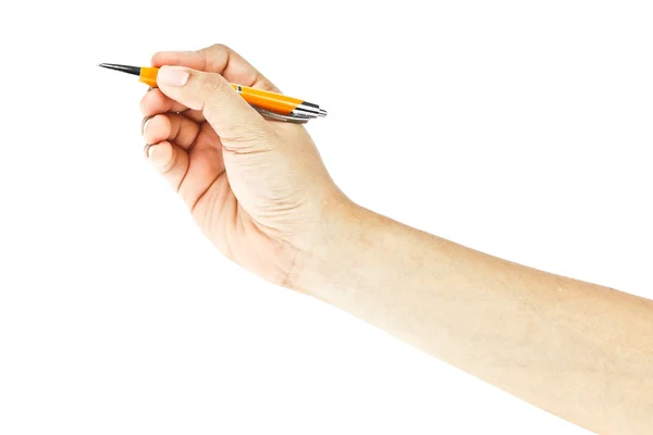 Mão e caneta sobre fundo branco — Fotografia de Stock