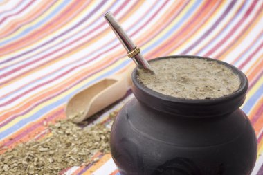 Closeup of a matero with yerba mate and bombilla clipart